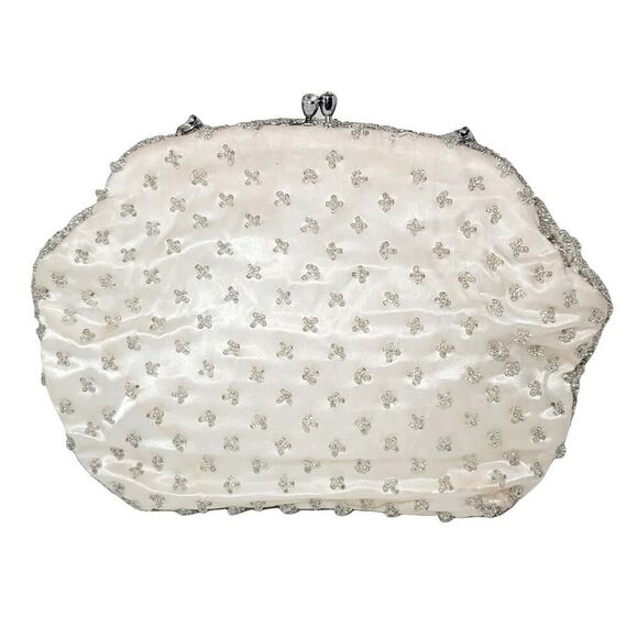 Vintage Off White Beaded Evening Formal Purse Bag Beige Metal Clasp Closure READ - Picture 9 of 12
